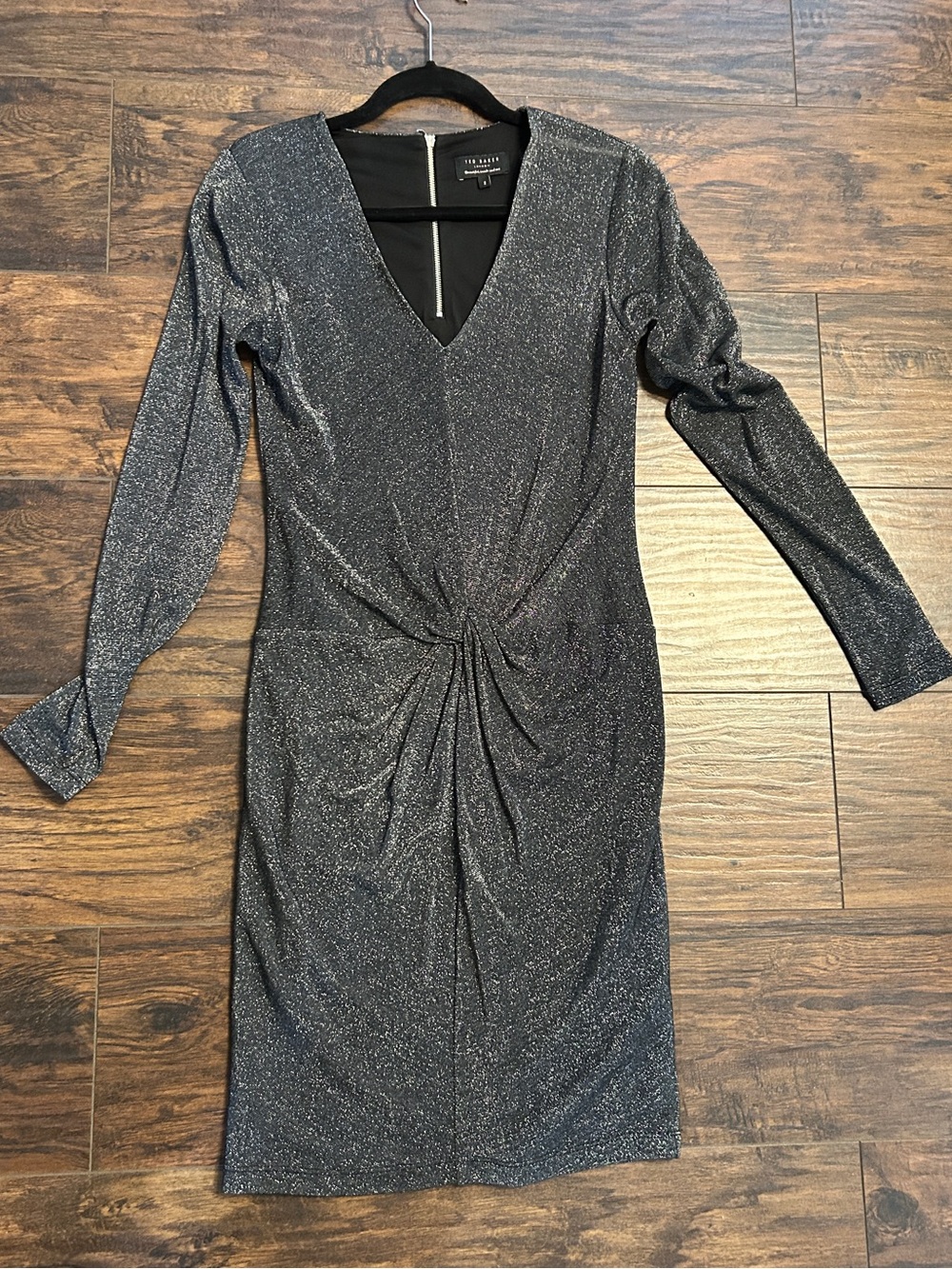 Ted Baker LIZZEY Black & Silver Metallic Lurex Twist Front Dress 2